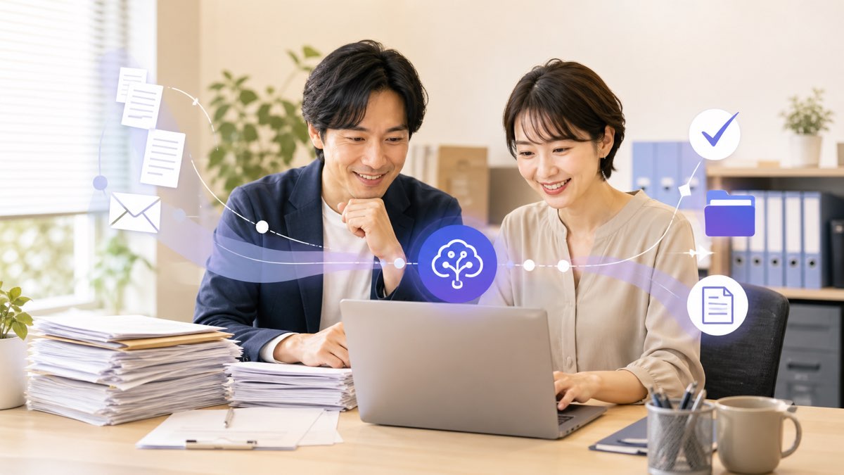 中小企業の事務作業をAIに任せて時間を取り戻すイメージ