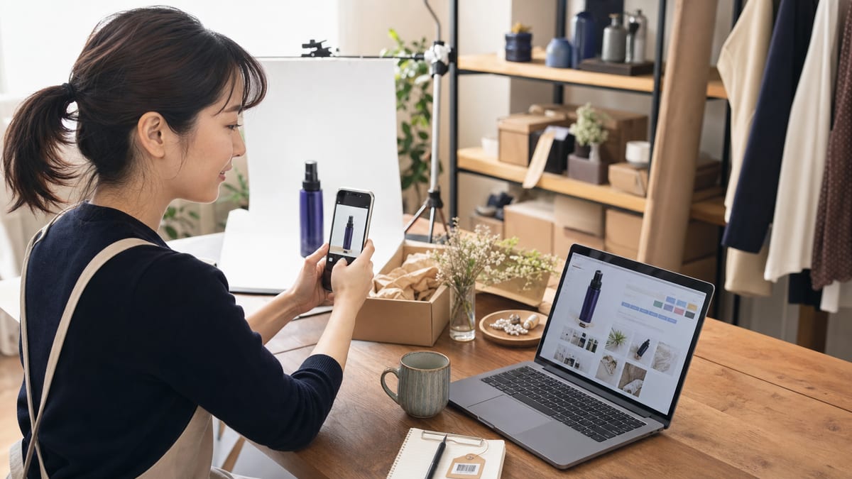 商品登録・商品ページ作成をAIで時短し説明文やタグを自動生成するイメージ