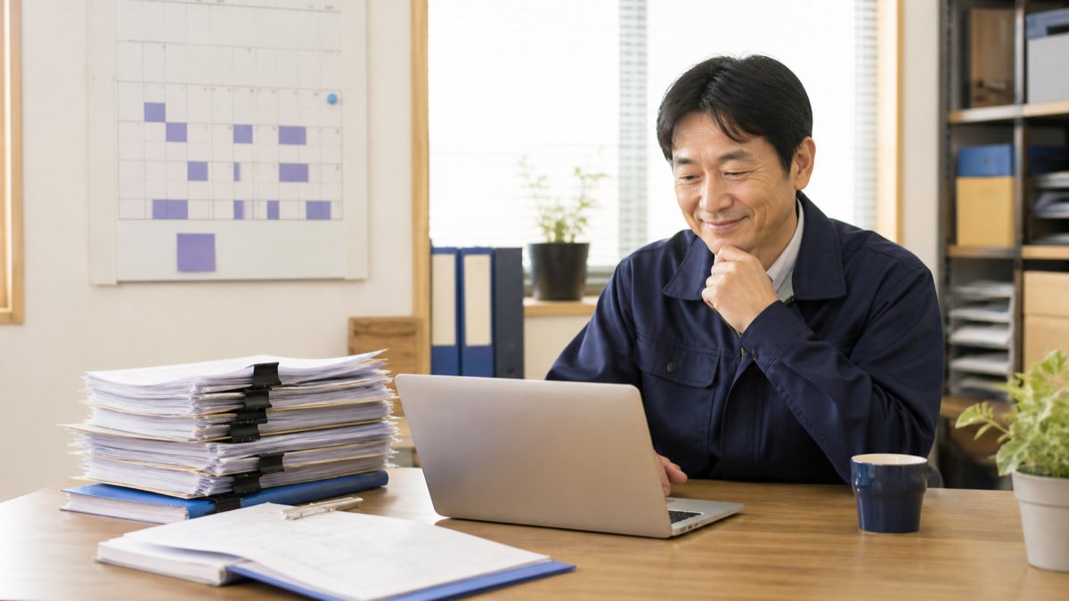 夜の事務所で書類とパソコンに向かう経営者のイメージ